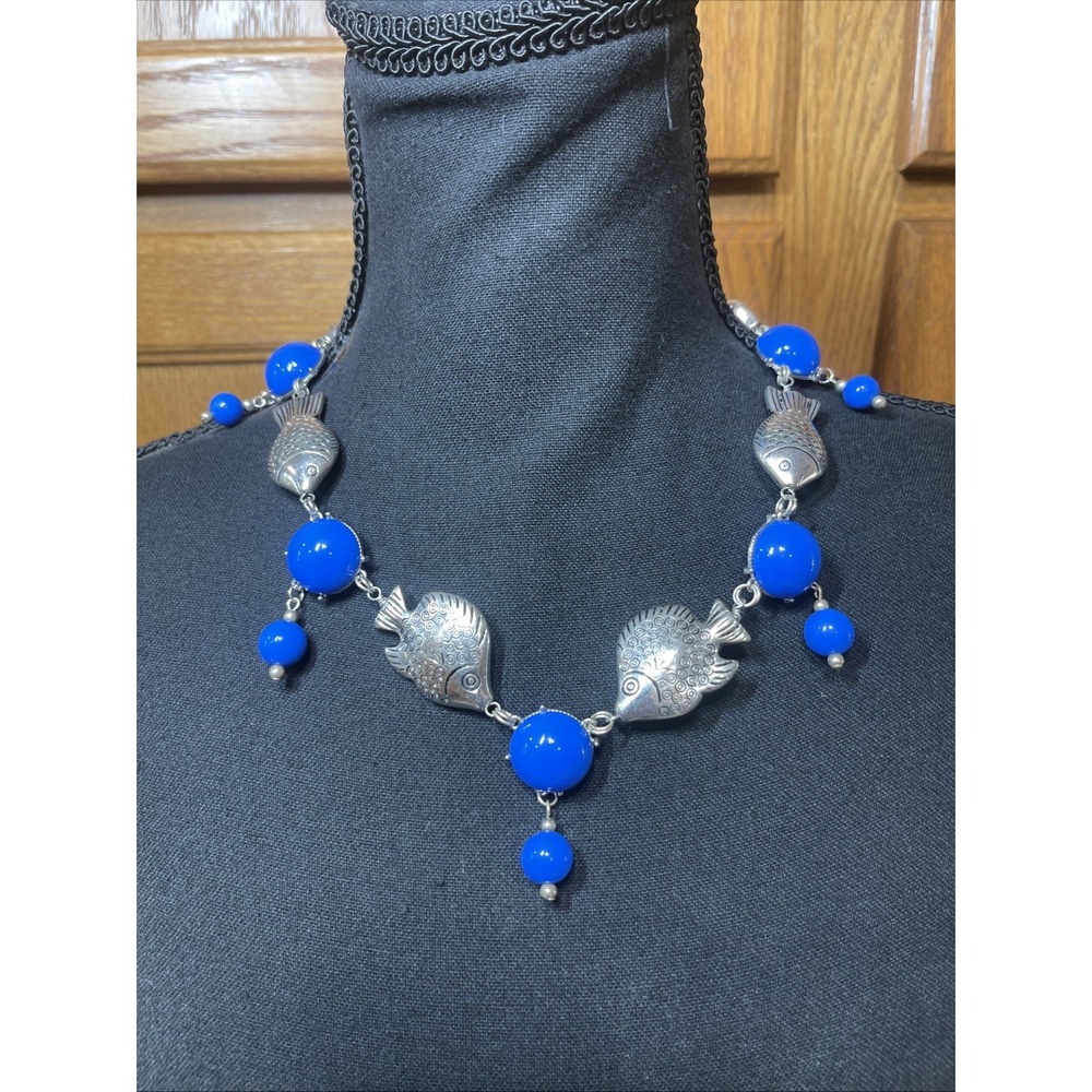 Vintage Blue Beaded Silver Tone Fish Statement Neckless Dangle Costume